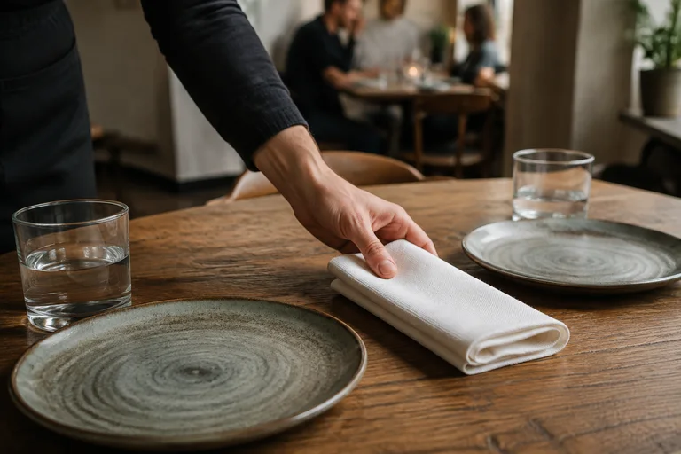 Illustrative hospitality scene of a restaurant table being prepared for service