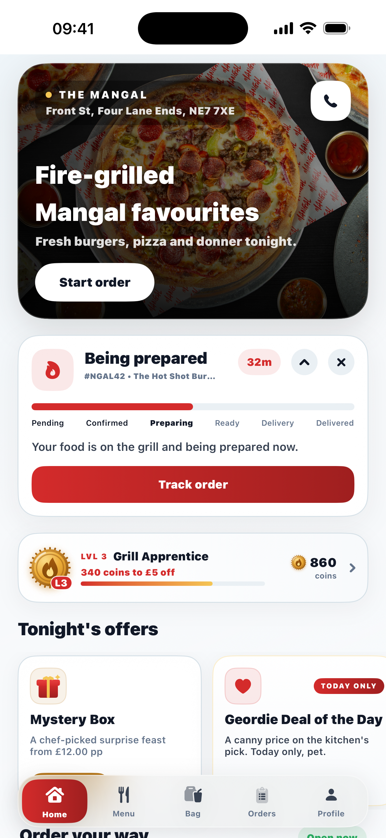 Example custom-branded restaurant app home screen