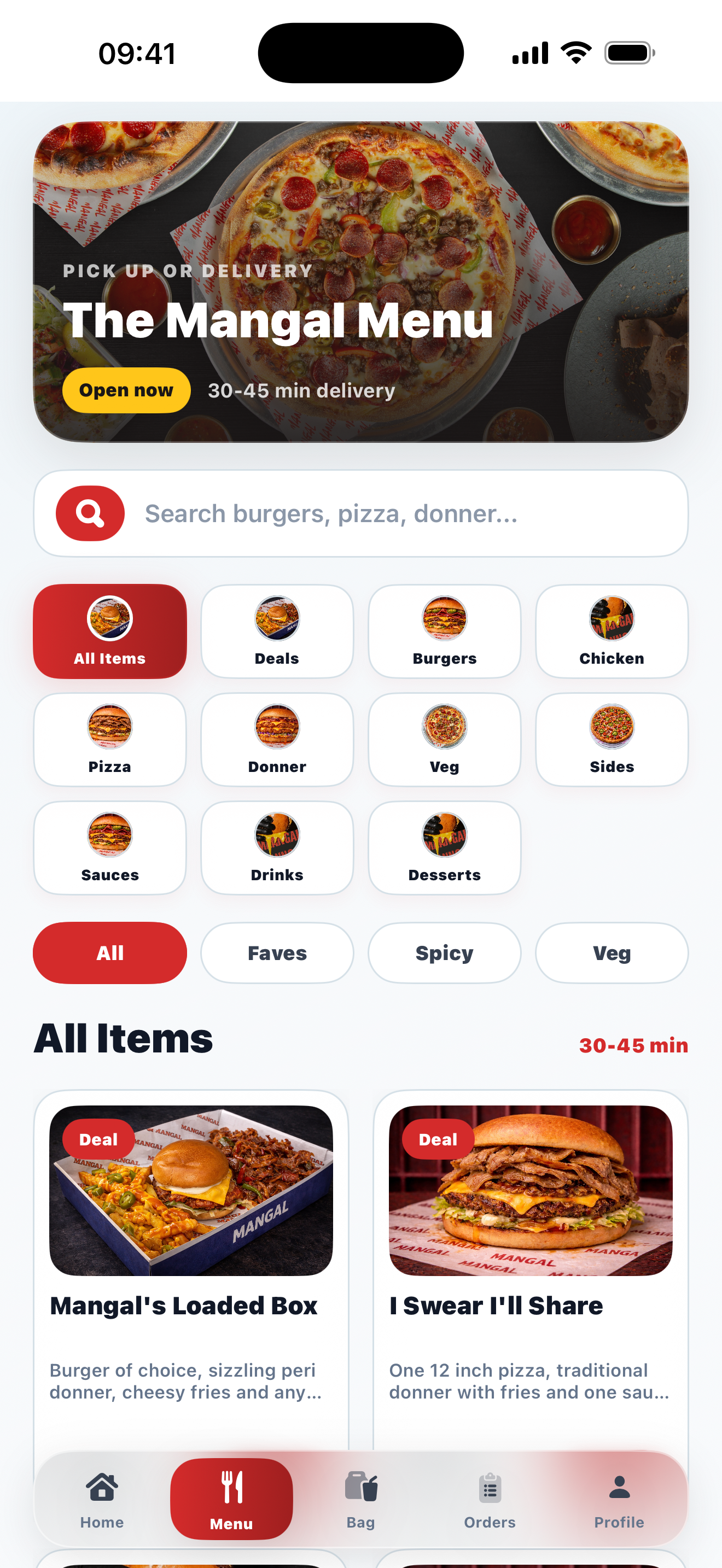 Example branded mobile ordering menu