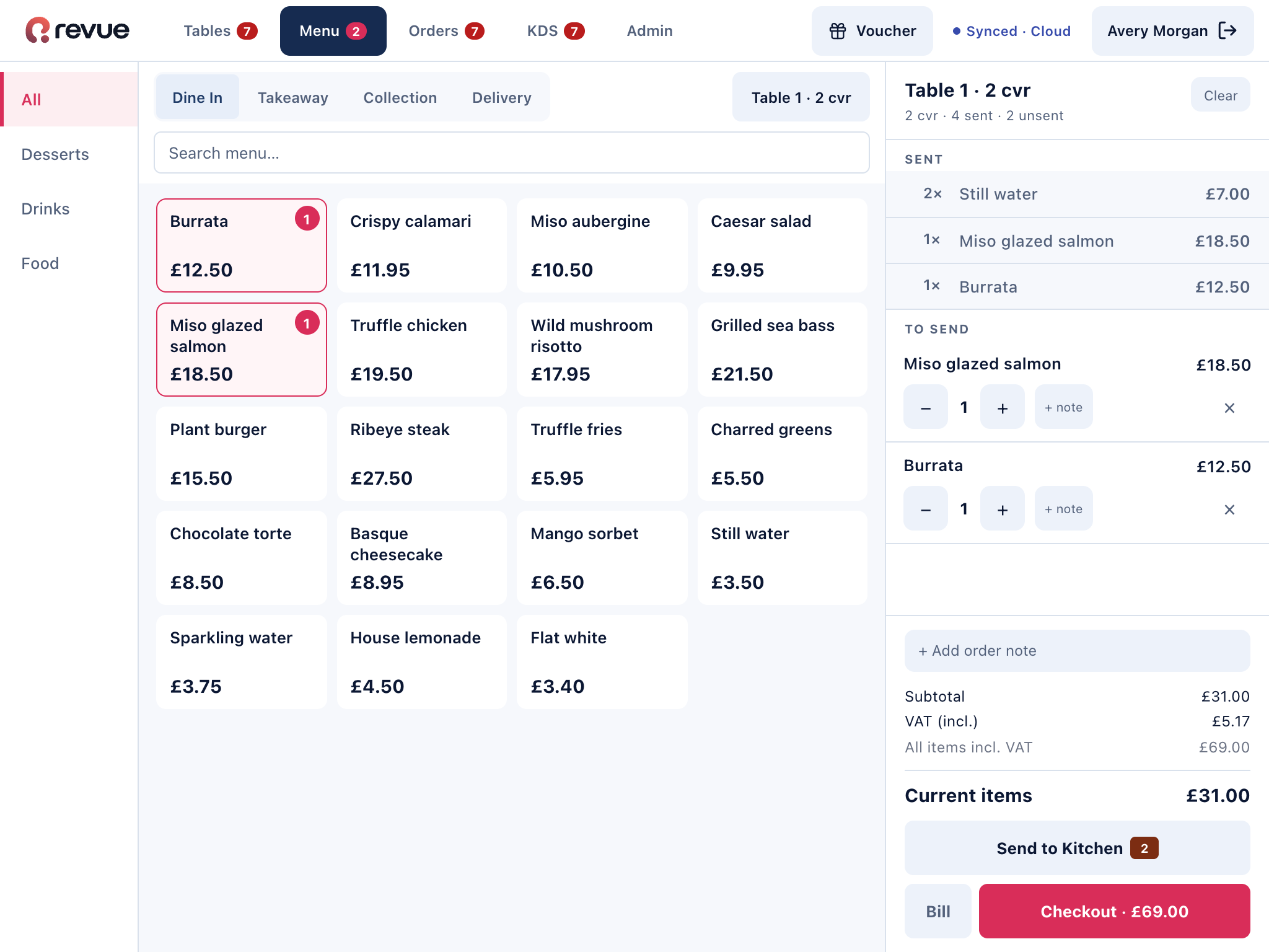 Revue POS order entry interface showing the complete menu and current table order